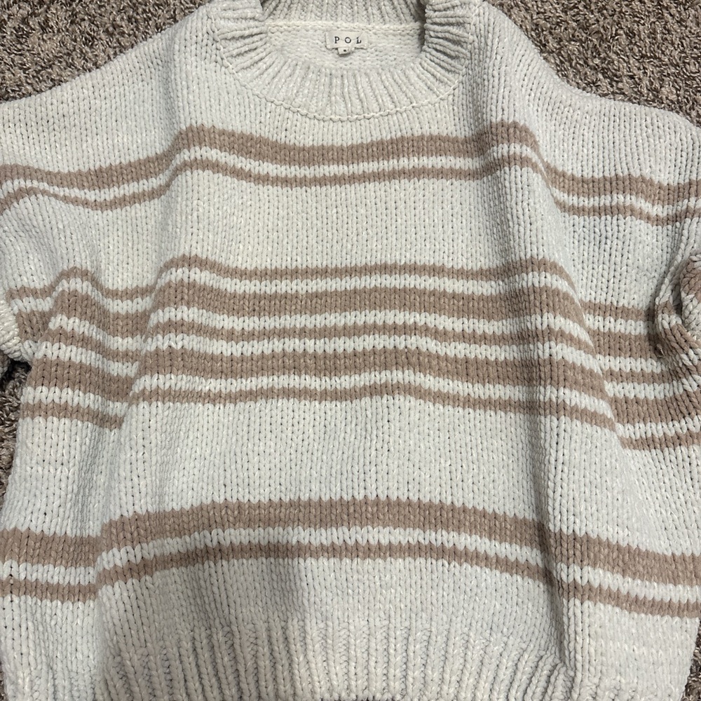POL Women's Cozy Striped Sweater - Cream and Tan
